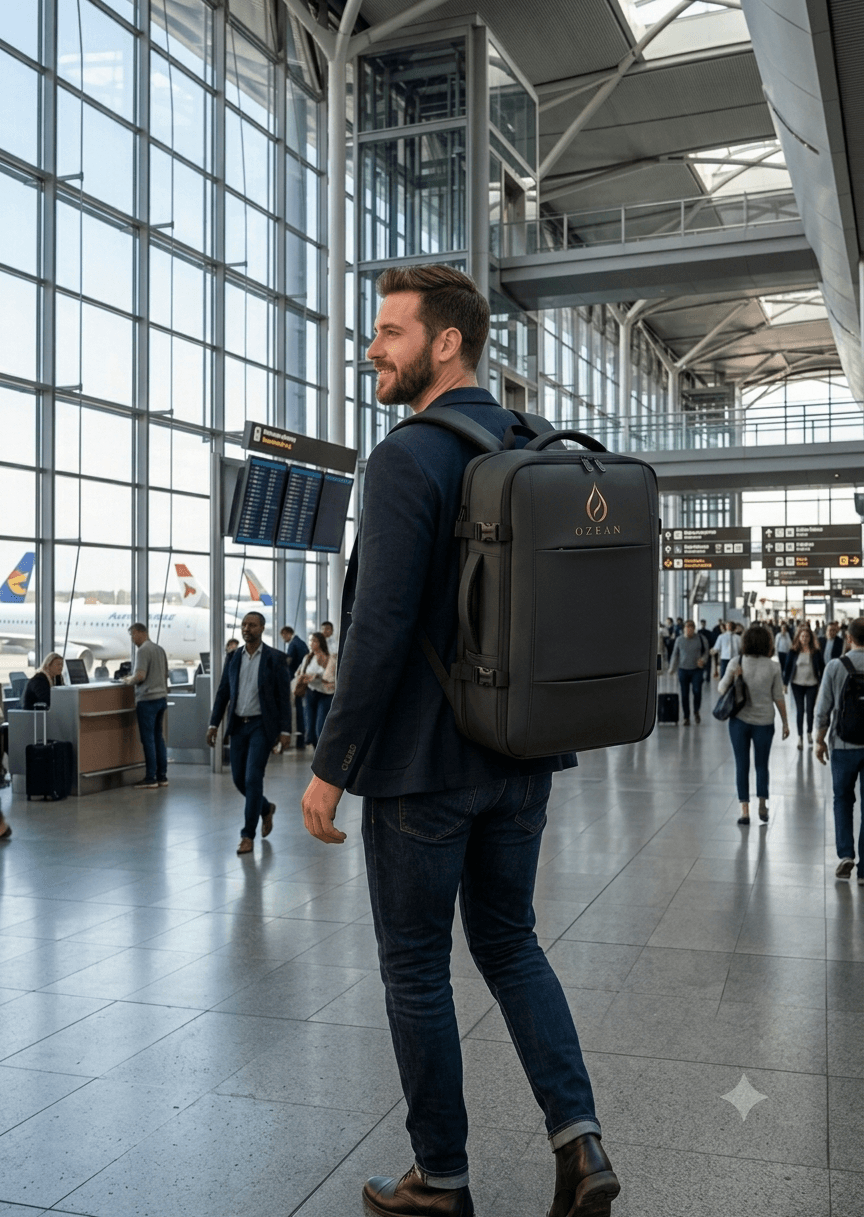 Viajero con morral OZEAN en el aeropuerto