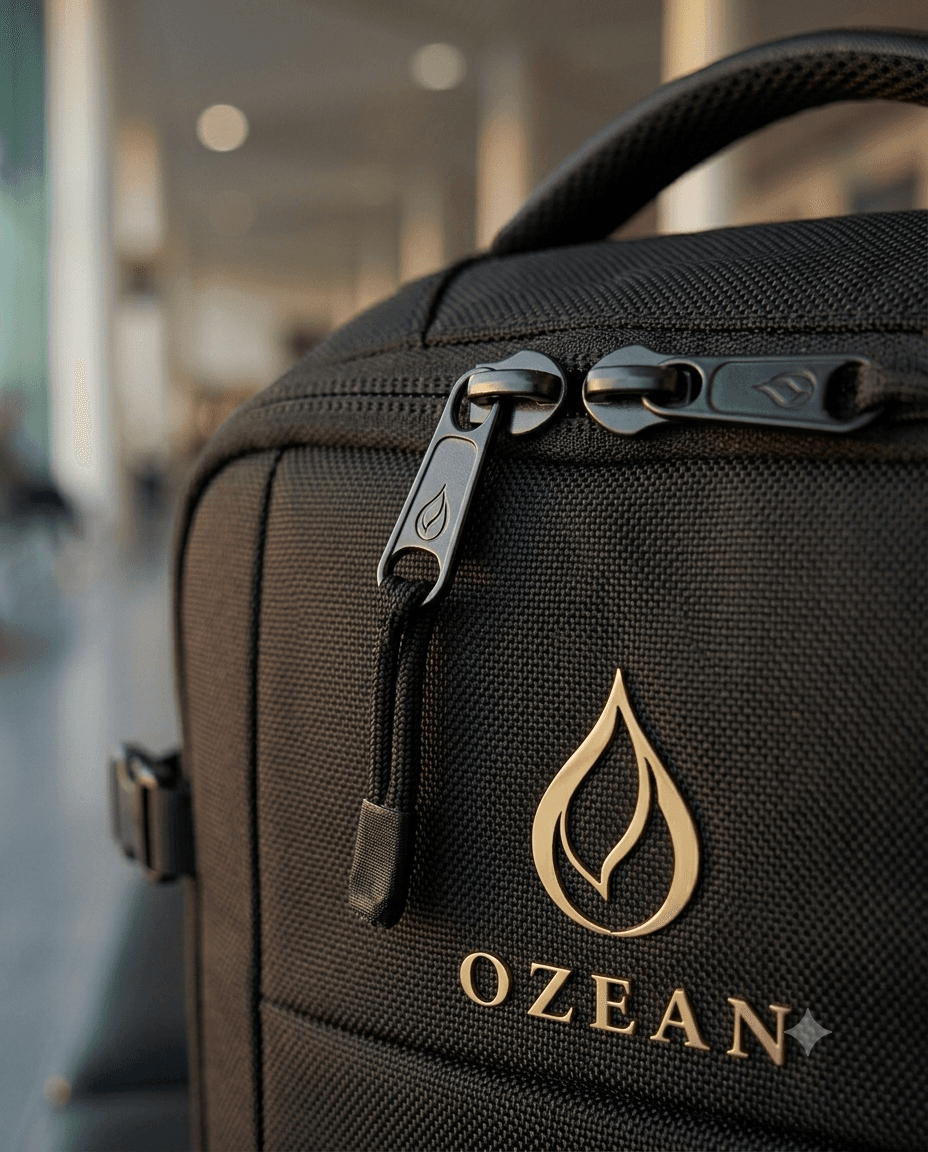 Detalle de cierres y logotipo de un morral OZEAN