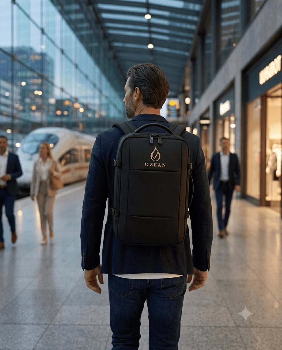 Viajero con morral OZEAN en una estación
